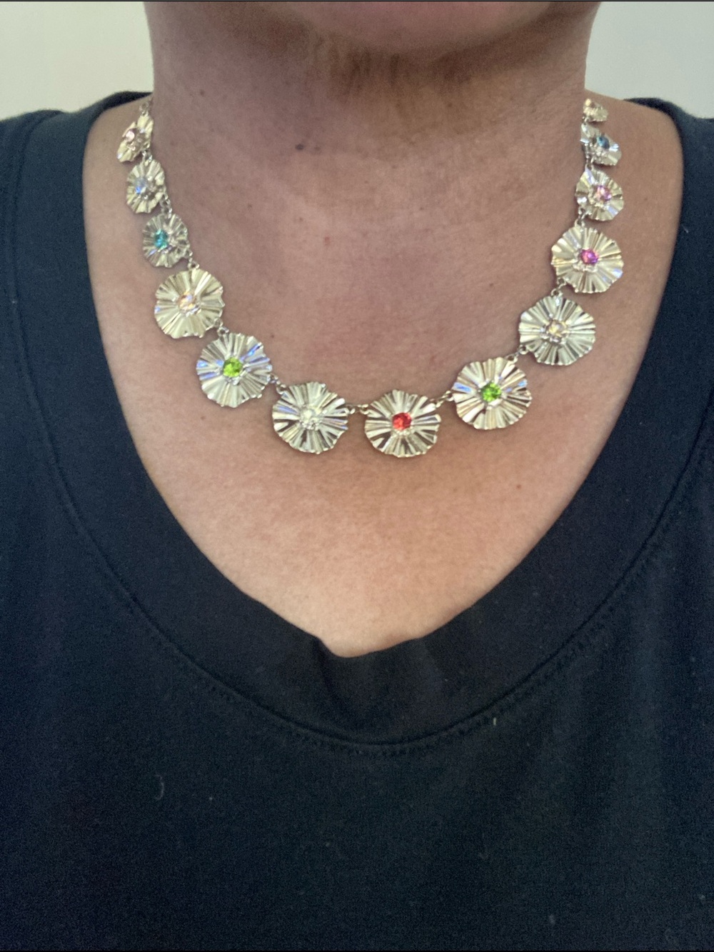 Ann Taylor Factory Silver Floral Disc Necklace with Multicolor Accents